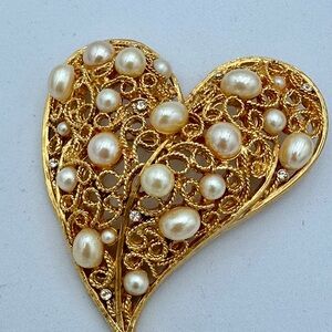 Vintage Gold Tone Filigree Heart Brooch Pearl Rhinestone 90s Puffy Valentines